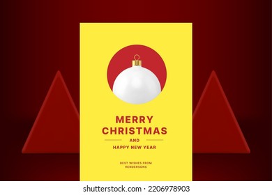 Yellow Merry Christmas greeting card best wishes congratulations design realistic 3d icon vector illustration. Happy New Year traditional winter holiday spruce ball toy bauble invitation cover