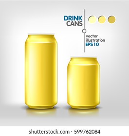 Yellow metal aluminum beverage drink cans 500 ml and 330 ml for beer, soda, water, energy, alcohol. Product packing mock up template for design. Vector illustration
