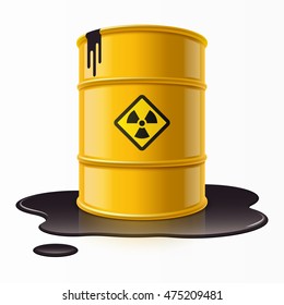 Yellow metal barrel with radioactive waste and spilled liquid. Concept of pollution