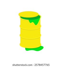 Yellow metal barrel with a toxic green leak. Metal barrel with toxic waste. Vector illustration.