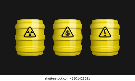 Gelbe Metallfässer mit Gefahrenzeichen. Strahlungssymbol, Ölzeichen und gefährliche Stoffe signalisieren3D-Vektorobjekte