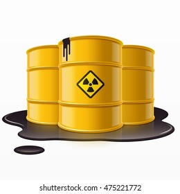 Yellow metal barrels with radioactive waste and spilled liquid. Concept of pollution