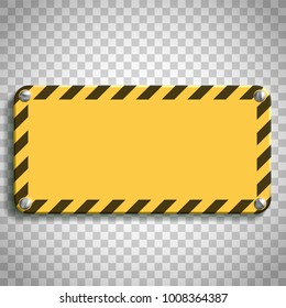 Yellow metal plate with screws on transparent background. Industrial warning sign. Stock vector illustration.