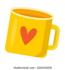 Yellow metal travel mug isolated on white background. Autumn camping element vector illustration. Nature, autumn or fall, camping, archeology concept