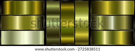 Yellow metallic gradient with frame on black background. nine shiny metallic gradients. golden foil texture..