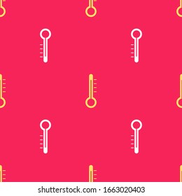 Yellow Meteorology thermometer measuring icon isolated seamless pattern on red background. Thermometer equipment showing hot or cold weather.  Vector Illustration