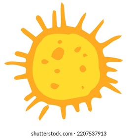 Yellow microbe in a flat style.an icon in the style of hand-drawn doodles, a round bacterium of bright yellow color with an orange outline and a texture of dots, as well as many strokes of chaotic 