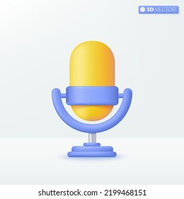 Micrófono amarillo en el estrado. equipo para transmisiones de audio. Diseño de ilustración aislada vectorial 3D. Dibujo en tonos pastel Estilo minimalista. Se puede usar para música, karaoke, grabación, estudio, ux, ui, anuncio impreso.