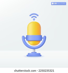 Yellow Microphone on stand and wifi icon symbols. equipment for audio broadcasts, music, karaoke, recording, studio concept. 3D vector isolated illustration design. Cartoon pastel Minimal style. 