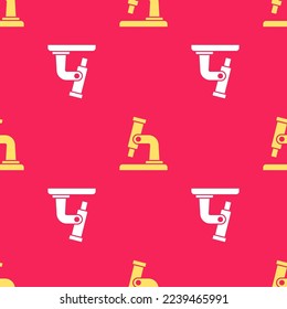 Yellow Microscope icon isolated seamless pattern on red background. Chemistry, pharmaceutical instrument, microbiology magnifying tool.  Vector