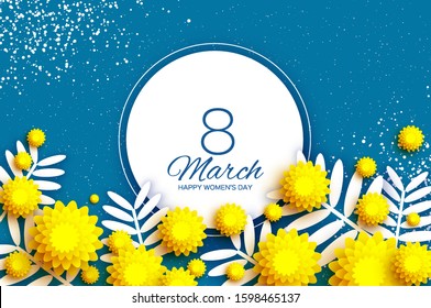 Yellow Mimosa. Beautiful origami silver wattle branches. Original Floral bouquet. Happy Womens Day, Mothers Day or Birthday. 8 March. Spring. Paper cut style. Circle frame. Blue background.