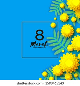Yellow Mimosa. Beautiful origami silver wattle branches. Original Floral bouquet. Happy Womens Day, Mothers Day or Birthday. 8 March. Spring. Paper cut style. Square black frame. Blue background.
