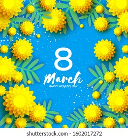 Yellow Mimosa. Beautiful origami silver wattle branches. Original Floral bouquet. Happy Womens Day, Mothers Day or Birthday. 8 March. Spring. Paper cut style. Blue background.