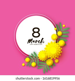 Yellow Mimosa. Beautiful origami silver wattle branches. Original Floral bouquet. Happy Womens Day, Mothers Day or Birthday. 8 March. Spring. Paper cut style. Circle frame. Pink background.