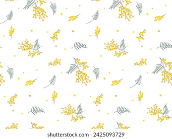 Yellow Mimosa Branches seamless Pattern. Spring Blooming flower. Simple Flat design illustration. Seasonal Botanical background