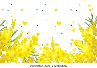 Gelbes Mimosa Blumensymbol Frauen Tag Frühling und Liebe. Vorlage Illustration Grußkarte isoliert auf weiß