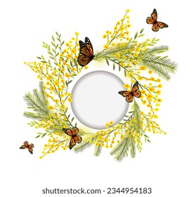 Yellow mimosa, flowers of yellow spots, splashes. Spring wreath of the brightest yellow flowers. Hello Spring