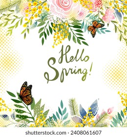 Yellow mimosa, flowers of yellow spots, splashes. Spring wreath of the brightest yellow flowers. Hello Spring . hand drawing. Not AI,