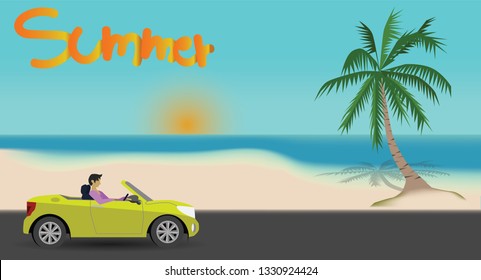 Yellow mini car travel to sea beach with coconut tree. Driving by man.