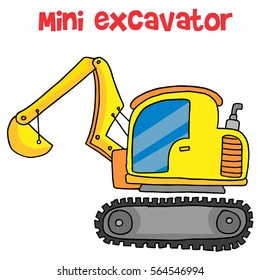 Yellow mini excavator cartoon vector art illustration