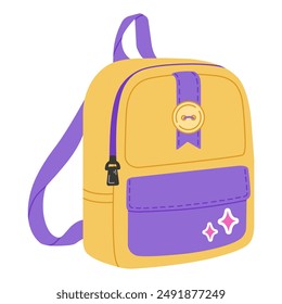 Yellow mini school backpack with purple inserts. Back to school concept. Children's briefcases for carrying school supplies. Isolated on a white background. Basic urban bag. Travel hand luggage.