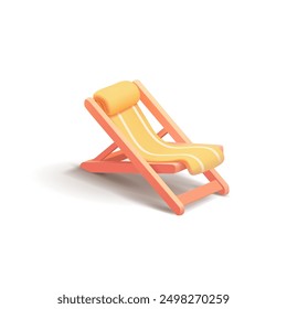 Yellow minimalist beach chair for relaxation, 3D. Beautiful modern image for advertising concepts of vacation, relaxation, pleasure, and comfort. Vector illustration.