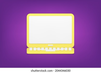 Yellow minimalistic laptop 3d icon. Volumetric digital gadget on purple background. Modern hardware for computing. Programming and online global surfing. Realistic isolated vector