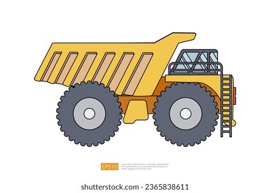 yellow mining dump truck tipper vector illustration on white background. Isolated big heavy machinery equipment vehicle. flat cartoon construction and mining car icon. Coloring Page Book for Kids