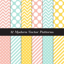 Yellow, Mint, Coral And White Polka Dots, Chevron And Candy Stripes Patterns. Modern Geometric Backgrounds. Vector EPS File Pattern Swatches Made With Global Colors.