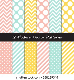 Yellow, Mint, Coral and White Polka Dots, Chevron and Candy Stripes Patterns. Modern Geometric Backgrounds. Vector EPS File Pattern Swatches made with Global Colors.