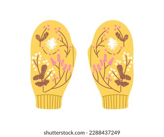 Yellow mittens concept. Warm element of clothing and accessory for winter season and cold weather with patterns of branches and leaves. Aesthetics and elegance. Cartoon flat vector illustration