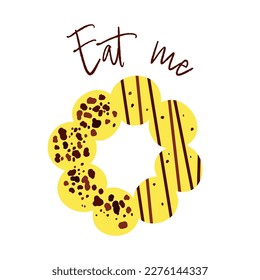 Yellow mochi donuts with chocolate crumb and topping. The phrase eat me. Cartoon vector illustration.