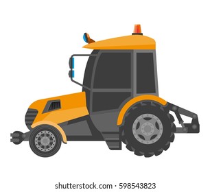 Yellow model of bulldozer close-up realistic figure in cartoon style. Heavy tractor with orange flasher for excavation and building. Vector illustration of powerful agriculture machine in flat design