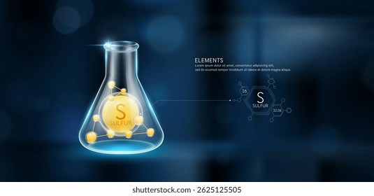 Modelo amarillo Moléculas de azufre (S) en tubo de ensayo de triángulo de vaso de vidrio sobre fondo azul oscuro. Minerales experimento de la ciencia de muestra. Concepto de investigación científica. Vector EPS10.