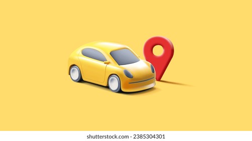 Yellow modern 3D car with red color GPS geolocation. Modern banner on a yellow background, for the design of the delivery service, new technologies, and the automotive industry.