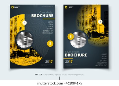 Yellow modern Brochure. Corporate business template design for report, catalog, magazine. Layout with modern abstract circles and dark background, round shape. Creative poster, flyer or banner concept