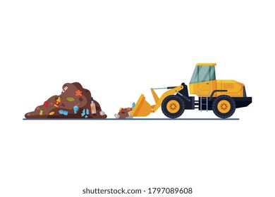 Yellow Modern Bulldozer for Garbage Cleaning, Heavy Special Landfill Machinery, Waste Transportation and Recycling Concept Flat Style Vector Illustration