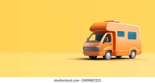 Yellow modern bus, camper, mobile home, 3D. For the concepts of trips, recreation, and travel. Minibus on a yellow background. Vector illustration.