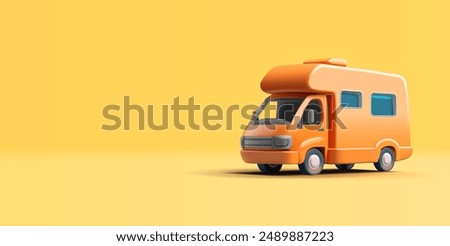 Yellow modern bus, camper, mobile home, 3D. For the concepts of trips, recreation, and travel. Minibus on a yellow background. Vector illustration.