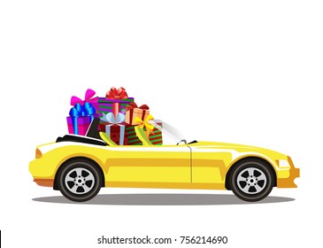 Yellow modern cartoon cabriolet car full of gift boxes isolated on white background. Sports car. Vector illustration. Clip art. 