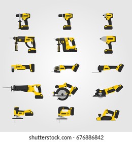 Yellow modern cordless power tools set