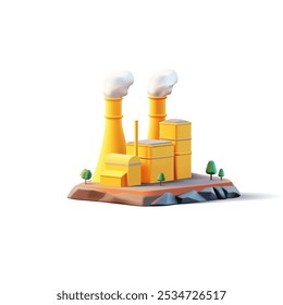 Yellow modern factory building, plant with pipes, 3D. Realistic industrial structure, for concepts of production of goods, generation of energy, technologies. icon Vector