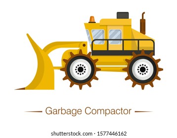 Yellow modern garbage compactor. Special equipment for landfills. Waste sorting, separation, transportation and recycling. Isolated object, icon. Flat cartoon vector illustration.