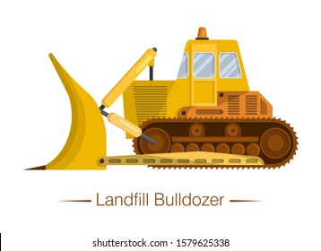 Yellow modern landfill bulldozer for garbage. Special equipment for landfills. Waste sorting, transportation,  recycling. Isolated object, icon on white background. Flat cartoon vector illustration