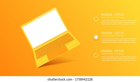 Yellow modern Laptop with blank screen in a yellow studio.  Laptop frame with blank display isolated templates, different angles views.3d isometric. Template for infographics or presentation UI design