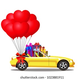 Yellow modern opened cartoon cabriolet car full of gift boxes and bunch of red helium heart shaped balloons with festive bow isolated on white background. Sports car. Vector illustration. Clip art. 