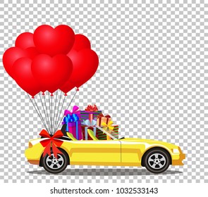 Yellow modern opened cartoon cabriolet car full of gift boxes and bunch of red helium heart shaped balloons with festive bow on transparent background. Sports car. Vector illustration. Clip art. 