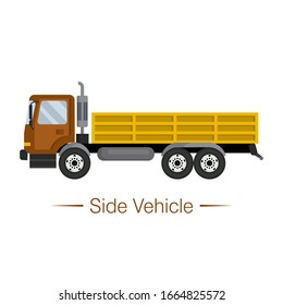 Yellow modern side vehicle with brown cab. Construction work. Transportation of cargo on board platform. Loading and unloading operations. Isolated object. Flat cartoon vector illustration.