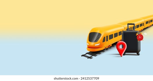 Yellow modern speed Train with black suitcase and geo pin, travelling or commute public transport composition