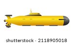 Yellow modern submarine. Cigar shaped vessel with antennas and portholes for warfare and underwater research vector travel.